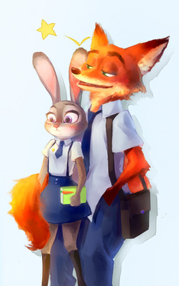 anthro backpack blush book clothing countershading duo female fur green_eyes long_ears male purple_eyes school_uniform simple_background surprised uniform 弎线 disney zootopia judy_hopps nick_wilde canid canine european_rabbit fox lagomorph leporid mammal oryctolagus rabbit red_fox true_fox 2016 digital_media_(artwork) hi_res