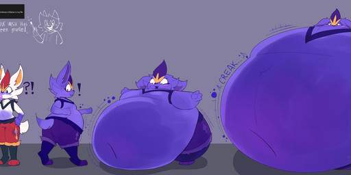 ambiguous_gender anthro belly belly_expansion big_belly big_butt big_cheeks blowing_bubble_gum blue_body blue_ears blue_eyes blue_tail blueberry_inflation body_inflation bubble_gum butt butt_expansion changing_color cheek_expansion creaking creaking_belly dialogue ears_down exclamation_point expansion grey_background hand_on_hip hand_on_own_hip huge_belly huge_butt huge_thighs hyper hyper_belly hyper_butt hyper_inflation hyper_thighs immobile inflation motion_lines multicolored_body navel onomatopoeia panicking pivoted_ears purple_body purple_inner_ear purple_nose question_mark red_body red_eyes red_nose round_body scut_tail short_tail simple_background solo sound_effects spherical_inflation swelling swollen_cheeks tail text thick_thighs thigh_expansion turning_blue two_tone_body white_body white_ears white_tail yellow_inner_ear unfunny_jeyai nintendo pokemon cinderace generation_8_pokemon lagomorph leporid mammal pokemon_(species) rabbit 2024 colored digital_media_(artwork) english_text hi_res sequence shaded
