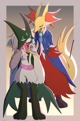 ambiguous_gender anthro belt cape clothing duo flower_(anatomy) fur green_body green_fur holowear_(pokemon) inner_ear_fluff mask pink_eyes red_body red_eyes red_fur red_inner_ear_fluff red_nose suit_jacket tail tuft yellow_body yellow_fur yellow_tail bappywaruda nintendo pokemon pokemon_unite phantom_thief_style_meowscarada tuxedo_style_delphox delphox generation_6_pokemon generation_9_pokemon meowscarada pokemon_(species) 2025 hi_res