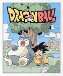 anthro claws clothing cloud day duo male open_mouth plant pokeball sleeping text toe_claws tree wesatinthecar dragon_ball nintendo pokemon goku generation_1_pokemon pokemon_(species) snorlax crossover english_text hi_res