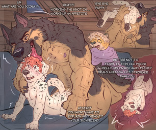age_difference anal anal_penetration anthro cuckold eyewear glasses group infidelity knot male male/male oral_vore penetration sex size_difference text trio vore wearing_glasses baileyx aqube kashra tobu_(rangaricat) canid canine canis cheetah dalmatian domestic_dog felid feline german_shepherd herding_dog mammal pastoral_dog english_text hi_res