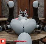 3d_(artwork) against_surface angry annoyed anthro anus arm_wrapping arm_wraps balls bound bound_by_weapon butt camseven canid canine canis chair chest_tuft cross-popping_vein death_(puss_in_boots) death_(valorlynz) digital_media_(artwork) dreamworks facial_markings fur furniture fuzzy genitals grey_body grey_fur head_markings hi_res humanoid_genitalia humanoid_penis inside leg_wrap leg_wraps legs_up looking_at_viewer lying male mammal markings mask_(marking) nude on_back on_table open_mouth penis perineum pinned pinned_arms pinned_by_weapon puss_in_boots_(dreamworks) red_eyes restrained restrained_arms restrained_by_weapon restraints sickle solo spread_legs spreading table teeth tuft wolf wrapped_arms wrapped_legs wraps