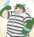 anthro belly blush cuff_(restraint) eyebrows eyewear fur goggles green_body green_fur handcuffs male metal_cuffs overweight prison_uniform restraints smile solo thick_eyebrows virtual_reality nikukyu299paw lifewonders live_a_hero mokdai avian bird canid canine canis domestic_dog mammal