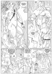 animal_genitalia anthro arrow_(weapon) axe balls bow_(weapon) breasts bulge casual_nudity clothed clothing comic crouching dale_(furronika) dialogue english_text equid equine felid female forest fully_sheathed furronika genitals grass greyscale group hi_res horse lion male mammal melee_weapon monochrome muscular muscular_male nude outside pantherine penis penis_tip plant profanity quiver_(object) ranged_weapon sheath speech_bubble standing tad_(furronika) text topless tree weapon