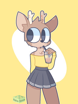 anthro antlers beverage black_nose bottomwear brown_body brown_fur bubble_tea chest_tuft clothed clothing countershading crossdressing drinking femboy fur fur_markings grey_bottomwear grey_clothing grey_eyes grey_skirt holding_beverage holding_object horn logo looking_away male markings multicolored_body multicolored_fur short_tail simple_background skirt solo standing tail tan_body tan_fur text topwear tuft two_tone_body two_tone_fur white_background yellow_background yellow_clothing yellow_topwear aiyhav_nouneim oakley_(aiyhav_nouneim) deer mammal 2021 artist_logo artist_name hi_res