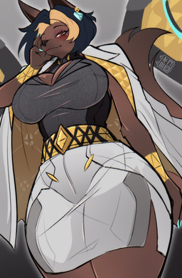 alternate_species anthro big_breasts biped black_clothing black_eyebrows black_hair black_nose black_topwear blonde_hair blue_nails blush blush_lines bottomwear breasts brown_body brown_fur brown_inner_ear brown_tail clothed clothed_anthro clothed_female clothing colored_nails eyebrows eyelashes eyeshadow female female_anthro fingers fully_clothed fully_clothed_anthro fully_clothed_female fur furrification glistening glistening_eyes grey_clothing grey_topwear hair hand_on_face jacket legs_together lipstick logo looking_at_viewer looking_down looking_down_at_viewer low-angle_view makeup mouth_closed multicolored_clothing multicolored_hair nails open_clothing open_topwear orange_eyes pink_lipstick pointy_ears prick_ears pupils skirt slit_pupils solo suit_jacket tail teeth text topwear two_tone_hair white_bottomwear white_clothing white_jacket white_skirt white_topwear yellow_clothing yellow_topwear sk3tchk4t blizzard_entertainment overwatch domina_(overwatch) canid canine canis jackal mammal 2026 absurd_res artist_logo artist_name digital_media_(artwork) hi_res huge_filesize