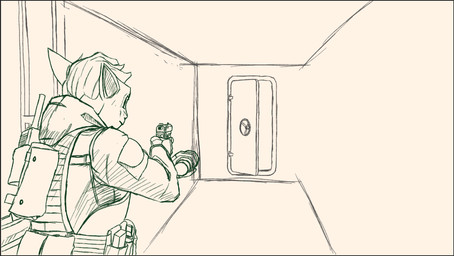 aiming_gun ambiguous_gender anthro armor body_armor border clothed clothing corridor detailed_background door flashlight grey_border gun handgun holding_flashlight holding_gun holding_handgun holding_object holding_pistol holding_ranged_weapon holding_weapon holster hoodie inside pistol ranged_weapon rear_view solo standing topwear weapon wshfly project_silverfish inheritor lizard reptile scalie 2026 sketch
