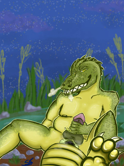 anthro anus breathing_heavily feet genitals hand_on_penis hindpaw lying male pawpads paws penis sitting sitting_on_ground sky slime smile smiling_at_viewer smirk smirking_at_viewer solo slyfang alligator alligatorid crocodile crocodilian reptile scalie 3:4 absurd_res hi_res
