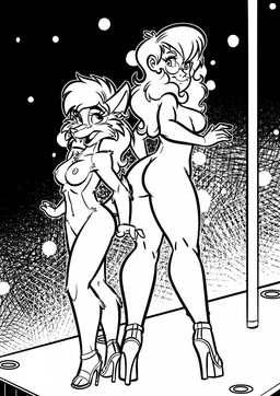 anthro arm_tuft biped breasts butt butt_pose chest_tuft clothing duo ear_piercing elbow_tuft eyewear fangs female female_anthro footwear fur glasses hair high_heels inner_ear_fluff looking_at_viewer looking_back medium_breasts mostly_nude navel nipples nude nude_anthro nude_female open_mouth open_smile piercing pole pose rear_view scut_tail shoes short_tail size_difference smile standing stripper_pole tail teeth three-quarter_view tuft fabio_paulino brave_new_world_(style_wager) jaque_smith sasha_gothica bat human mammal wingless_bat 2018 black_and_white digital_drawing_(artwork) digital_media_(artwork) hatching_(art) hi_res line_art monochrome shaded