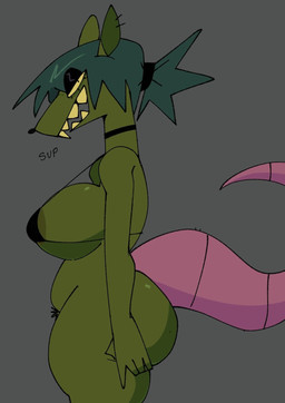 5_fingers anthro areola areola_slip big_breasts bikini bikini_top black_bikini_top black_choker black_eyelids black_jewelry black_necklace black_pubes bottomless bottomless_anthro bottomless_female breasts butt choker clothed clothing ear_piercing eyelashes female female_anthro fingers glistening_eyelids green_areola green_body green_ears green_hair grey_background hair jewelry narrowed_eyes necklace open_mouth open_smile piercing pink_tail ponytail pubes side_boob side_view simple_background smile solo swimwear tail teeth thick_tail thick_thighs two-piece_swimsuit yellow_teeth xarop77 gamer_rat_(xarop77) mammal murid murine rat rodent 2025 digital_drawing_(artwork) digital_media_(artwork) hi_res portrait three-quarter_portrait