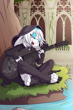 acoustic_guitar alternative_fashion anthro biped black_bottomwear black_clothing black_hoodie black_legwear black_skirt black_stockings black_topwear bottomwear buckteeth choker clothed clothing crossed_legs day eyebrows female floppy_ears goth grass guitar hair half-closed_eyes holding_guitar holding_musical_instrument holding_object hoodie jewelry legwear lop_ears musical_instrument narrowed_eyes necklace open_mouth outside pink_nose plant playing_music plucked_string_instrument sitting sitting_on_ground skirt solo stockings string_instrument teeth thigh_highs tongue topwear water white_body white_hair young young_anthro young_female fuf domestic_rabbit lagomorph leporid lop_rabbit mammal oryctolagus pygmy_rabbit rabbit 2019 2:3 hi_res
