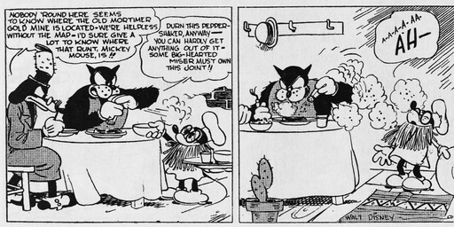 anthro chef_hat clothed clothing dialogue exclamation_point eyewear fingers floppy_ears food footwear fur furniture glasses gloves group handwear hat headgear headwear male shoes sitting table text top_hat trio floyd_gottfredson roy_nelson disney public_domain mickey_mouse pegleg_pete pete_(disney) sylvester_shyster canid canine canis domestic_cat domestic_dog felid feline felis mammal mouse murid murine rodent 1930 20th_century absurd_res ancient_art black_and_white comic dated english_text hi_res long_image monochrome signature wide_image