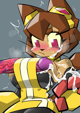 anthro big_breasts black_nose blush blush_lines bodily_fluids breasts brown_hair clothed clothed_sex clothing cum cum_on_breasts cum_on_hand disembodied_penis duo eyewear eyewear_on_head female genital_fluids genitals glans goggles goggles_on_head hair humanoid_genitalia humanoid_penis looking_at_genitalia looking_at_penis male male/female penis sex sweat whiskers monodie gameoverse glitch_productions kit_bodega domestic_cat felid feline felis mammal absurd_res hi_res