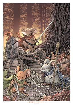 anthro belt brown_body brown_fur cape clothing detailed_background forest fur grey_body grey_fur group holding_melee_weapon holding_object holding_staff holding_sword holding_weapon leaf male melee_weapon outside plant red_cape red_clothing staff standing sword tree vehicle wagon weapon wheel david_petersen mouse_guard kenzie_(mouse_guard) lieam_(mouse_guard) saxon_(mouse_guard) mammal mouse murid murine rodent hi_res official_art