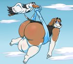 anthro avian bird butt canid canine canis chappystick delivery_(commerce) delivery_stork domestic_dog duo feral foxhound hi_res hunting_dog male male/male mammal nude scent_hound sky stork