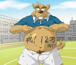 anthro belly blush bottomwear brown_body brown_fur clothed clothing fur humanoid_hands kemono male open_clothing open_shirt open_topwear outside overweight overweight_anthro overweight_male pubes shirt shorts solo text topwear oogamikennta canid canine canis domestic_dog mammal 2006