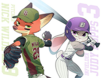 anthro armor baseball baseball_bat baseball_cap baseball_uniform bat_(object) batting_helmet brown_body brown_fur catcher's_mitt clothing duo eye_black eyelashes female fingers fur green_eyes hat headgear headwear helmet long_ears male male/female multicolored_body multicolored_fur orange_body orange_fur purple_eyes scut_tail short_tail sportswear standing tail tan_body tan_fur text uniform ynoo526252 disney zootopia judy_hopps nick_wilde canid canine fox lagomorph leporid mammal rabbit character_name english_text