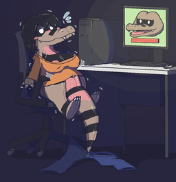 areola areola_slip black_stripes blush blush_lines bodily_fluids breasts brown_body busty_feral chair computer_monitor computer_mouse desk fangs female feral flying_sweatdrops furniture implied_transformation inanimate_transformation inflatable keyboard office_chair sitting smile solo stripes sweat sweatdrop table teeth transformation oagoner nintendo pokemon animate_inanimate generation_5_pokemon krokorok living_inflatable pokemon_(species) aliasing digital_media_(artwork)