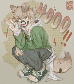 anthro bandage bandage_on_face bandage_on_nose bandage_on_tail black_bottomwear black_clothing black_pants bottomwear brown_body brown_fur clothing crouching fur gesture green_clothing green_eyes green_hoodie green_topwear hand_gesture hoodie male pants paw_shoes solo topwear v_sign asenjian canid canine canis domestic_dog mammal 2024 hi_res