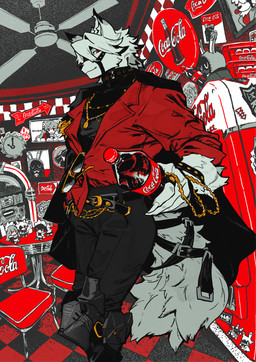 anthro appliance beverage black_bottomwear black_clothing black_pants black_shirt black_topwear blep bottomwear chain chair classy clothing collar electronics eyewear fluffy fluffy_tail fridge fur furniture gold_(metal) gold_chain hair holding_beverage holding_object inside jacket jewelry jukebox kitchen_appliance looking_at_viewer male necklace pants plushie red_clothing red_eyes red_jacket red_topwear restaurant retro shirt soda_bottle solo straps sunglasses tail tongue tongue_out topwear vintage white_body white_fur white_hair nagabe coca-cola mihoyo zenless_zone_zero alexandrina_sebastiane corin_wickes ellen_joe von_lycaon bangboo canid canine canis mammal wolf hi_res