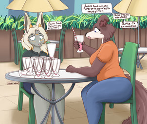 anthro brown_body container cup drinking_glass duo female glass glass_container glass_cup male male/female outside sitting slightly_chubby slightly_chubby_female speech_bubble text mestysa beastars juno_(beastars) canid canine canis mammal wolf zonai absurd_res hi_res translation_request