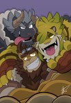 anthro beard blonde_hair brown_hair brown_mane eyebrows eyewear facial_hair fur glasses grey_body grey_fur grey_hair grin group hair horn male mane muscular muscular_anthro muscular_male smile teeth tongue tongue_out yellow_body yellow_eyes yellow_fur hikazedragon lifewonders tokyo_afterschool_summoners krampus_(tas) macan_(tas) felid lion mammal monster pantherine tiger absurd_res hi_res