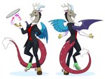 alcohol anthro beverage butler clothed clothing horn male solo suit tail topwear vest wings redxbacon friendship_is_magic hasbro my_little_pony discord_(mlp) chimera draconequus hybrid hi_res