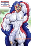 abs anthro anthrofied armpit_hair artist_name balls biceps big_muscles big_penis biped black_mouth black_nose blue_armpit_hair blue_hair blue_hands blurred_background body_hair canid canine canis crowned_shield_zamazenta digital_media_(artwork) generation_8_pokemon genitals glans hair half-erect hand_behind_head hand_behind_own_head huge_muscles huge_penis legendary_pokemon long_hair looking_at_viewer male mammal multicolored_body muscular muscular_anthro muscular_legs muscular_male nintendo nipples nude patreon patreon_logo pecs penis pokemon pokemon_(species) pokemorph red_body signature solo standing translator vein veiny_arms veiny_legs veiny_pecs veiny_penis veiny_thighs white_balls white_body white_penis wolf wolfiecanem yellow_eyes yellow_glans yellow_nipples zamazenta