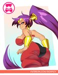 big_butt blue_eyes breasts butt clothed clothing ear_piercing ear_ring female hair humanoid_pointy_ears long_hair looking_back not_furry piercing pointy_ears ponytail purple_hair ring_piercing smile solo text schpicy shantae_(series) wayforward shantae genie humanoid url