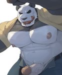 abs anthro barazoku belt big_muscles big_nipples big_pecs big_penis black_sclera bodily_fluids bottomwear clothed clothing drooling erection fur genitals huge_muscles humanoid_genitalia humanoid_penis licking licking_lips licking_own_lips male muscular muscular_anthro muscular_male narrowed_eyes navel nipples open_mouth open_smile pants pecs penis raised_clothing raised_shirt raised_topwear saliva scar shadow shirt simple_background smile solo standing sweat teeth thick_penis tongue tongue_out topwear tuft unzipped vein white_background zipper huger_smot beastars gouhin_(beastars) bear giant_panda mammal 2023 hi_res