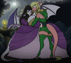 anthro armwear ball_gown big_breasts black_hair blonde_hair breasts clothing duo elbow_gloves female garden gloves hair handwear highlights_(coloring) holding_chin hood horn hug huge_breasts incoming_kiss juliet_sleeves long_hair male male/female membrane_(anatomy) membranous_wings night princess royalty tail wings thetunafish mythology swissy terru dragon mythological_creature mythological_scalie scalie absurd_res hi_res