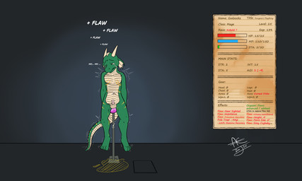 anthro attribute_theft bodily_fluids dangling dungeon embarrassed erection gameplay_mechanics genital_fluids genitals height_loss incontinence leaking_precum male ne penis precum size_theft small_penis sobbing solo stats_screen denton zooks_(character) kobold scalie absurd_res hi_res