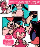 anthro clothed clothing crossdressing dialogue dress dress_up duo fangs female gloves green_eyes handwear hat headgear headwear makeover male male/female paws pink_clothing pink_dress speech_bubble teeth mercurio-shadowz sega sonic_the_hedgehog_(series) amy_rose shadow_the_hedgehog eulipotyphlan hedgehog mammal comic hi_res