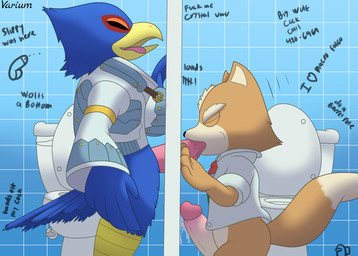 animal_genitalia animal_penis bathroom beak big_penis blue_body bodily_fluids clothing cum duo erection feathers fellatio fur genital_fluids genitals glory_hole hair hands_on_wall humanoid_genitalia humanoid_penis jacket leaking leaking_cum male male/male nude open_mouth oral oral_penetration penetration penile penis public_restroom restroom_stall sex simple_background smile tail tail_feathers text tile tile_wall toilet tongue topwear wall_(structure) wings writing_text conditional_dnp varium nintendo star_fox falco_lombardi fox_mccloud avian bird canid canine fox mammal absurd_res digital_media_(artwork) hi_res