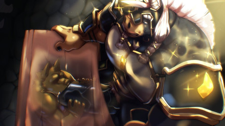 anthro armor barazoku duo fellatio genitals knight male male/male male_anthro muscular oral penile penis sex size_difference warrior komboochie gameover_(game) steel_(gameover) canid equid equine horse mammal