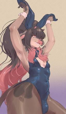 2_horns 5_fingers anthro breasts brown_hair bulge bunny_costume butt clothing costume fake_ears fake_rabbit_ears fingerless_(marking) fingers gynomorph hair horn humanoid_hands intersex legwear long_hair low-angle_view multicolored_hair navel_outline pantyhose pink_eyes pink_hair raised_arms side_boob simple_background small_breasts snout solo tail thick_thighs three-quarter_view two_tone_hair wide_hips zeighous axel_(tayjayee) bovid bovine cattle mammal digital_drawing_(artwork) digital_media_(artwork) hi_res portrait signature three-quarter_portrait male_(lore)