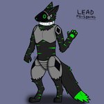 1:1 absurd_res anthro belt black_diamond buckled_collar claws collar colored_nails dipstick_tail fur green_claws green_eyes green_highlights green_nails green_nose green_pawpads green_stripes green_tail_tip grey_body grey_fur grey_paws grey_tail hi_res highlights_(coloring) lead_poisoning_(character) leadpoisoning machine male markings nails pawpads protogen protogen_visor purple_background simple_background solo stripes tail tail_markings watermark white_belt white_collar