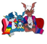 anthro biped bisexual_pride_colors eyewear flag glasses hair lgbt_pride male male/male male_anthro pride_colors six-stripe_rainbow_pride_colors chicostyx bandai_namco digimon fakemon mythology fan_character sol_the_guilmon sven_the_giramon yami_the_veemon digimon_(species) dragon fanmon guilmon hybrid mythological_creature mythological_scalie reptile scalie veemon hi_res