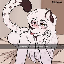 anthro biped blep ear_piercing female fur looking_at_viewer nude nude_anthro nude_female piercing red_eyes selfie slim_anthro slim_female solo text tongue tongue_out white_body white_fur borkbuchwieser snapchat felid leopard mammal pantherine 1:1 2024 english_text