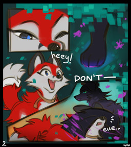 black_body black_fur black_nose blue_eyes dialogue female feral fur green_eyes male red_body red_fur text hyilpi microsoft minecraft mojang xbox_game_studios endy_(hyilpi) vixy_(hyilpi) canid canine fox mammal comic english_text