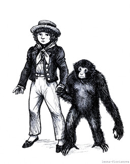 ambiguous_gender biped black_body black_fur boater_hat bottomwear clothed clothing duo feral footwear freckles fully_clothed fur hand_holding hat headgear headwear jacket kerchief not_furry pants shoes simple_background standing text topwear victorian_clothing wearing_hat white_background leona-florianova master_and_commander:_the_far_side_of_the_world cassandra_the_gibbon josiah_randall ape gibbon haplorhine human mammal primate artist_name black_and_white english_description hi_res monochrome story story_in_description
