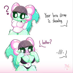 anthro belly big_breasts black_bra black_clothing black_thong black_underwear blush blush_lines bra bra_strap breasts clothed clothing clothing_lift dialogue embarrassed eyelashes female flat_cap fluffy fluffy_tail flustered fur gills glistening green_body green_eyes green_fur hat headgear headwear heart_symbol looking_aside looking_at_viewer navel pantsless pantsless_anthro pink_blush pink_gills pink_heart question_mark salamander_tail shirt shirt_lift simple_background solo speech_bubble tail thick_thighs thigh_gap thong topwear underwear void_background white_background white_clothing white_shirt white_topwear pixltheaxolotl bra_strap_showing_(meme) pixl_(pixltheaxolotl) amphibian aquatic axolotl felid feline mammal mole_salamander salamander absurd_res hi_res meme