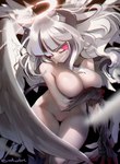 bodily_fluids breasts broken_halo feathered_wings feathers featureless_breasts featureless_crotch female halo horn nude smile solo tears wings noaharbre helltaker lucifer_(helltaker) angel demon demon_humanoid fallen_angel humanoid hi_res