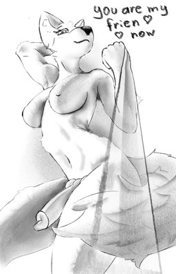 5_fingers animal_genitalia animal_penis anthro bedroom_eyes big_breasts big_butt big_penis breasts butt canine_genitalia canine_penis dominant dominant_gynomorph dominant_intersex erection fingers genitals gynomorph heart_symbol intersex leash leash_pull leashed_viewer looking_at_viewer low-angle_view narrowed_eyes penis raised_arms seductive simple_background smile solo standing tail text thick_thighs white_body lemgrum canid canine fox mammal absurd_res english_text hi_res monochrome