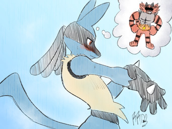 anthro bathing blue_body blue_fur blush censor_bar fur male red_body red_fur solo steam thought_bubble yellow_body yellow_fur rurabbutt nintendo pokemon generation_4_pokemon generation_7_pokemon incineroar lucario pokemon_(species) 4:3