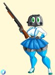 appliance bottomwear breasts clothing female footwear green_eyes grey_body gun kitchen_appliance legwear machine overalls ranged_weapon shirt shoes skirt solo stockings toaster topwear weapon vanillabeangoat animate_inanimate humanoid robot hi_res