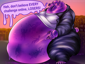 anthro belly clothing dialogue male multiple_prey open_mouth overweight overweight_anthro overweight_male talking_to_prey text tongue vore bardo_en_krisis bear goo_creature mammal english_text hi_res