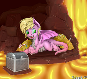 cave claws clothing coin female feral gold_(metal) gold_coin hair lava lock nude panties rock smile solo tail teeth tongue treasure treasure_chest underwear wings rubiont-47 mythology dragon mythological_creature mythological_scalie scalie 2019 digital_media_(artwork) hi_res