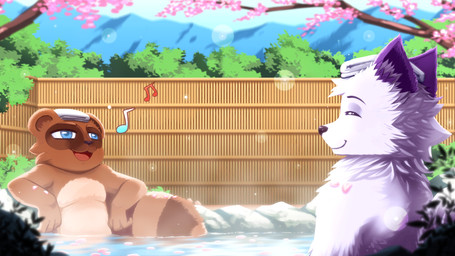 anthro cherry_blossom cherry_blossom_tree cherry_tree duo flower fruit_tree hot_spring male plant prunus_(flower) tree water drawnbykrishna aki_(kellington) rook_(rookarino4277) canid canine fox mammal raccoon_dog tanuki 16:9 hi_res widescreen