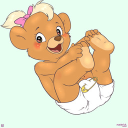 anthro biped black_nose blonde_hair brown_body brown_fur clothed clothing diaper diaper_only eyebrows female fur hair legs_up lying neonate on_back open_mouth open_smile pink_hair_bow qr_code short_hair simple_background smile solo tongue topless wearing_diaper white_diaper young young_anthro young_female maverick disney talespin bear mammal 1:1 2026 hi_res